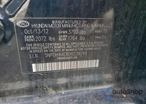 2013 Hyundai Elantra Gls from USA, damaged, VIN 5NPDH4AE8DH239249